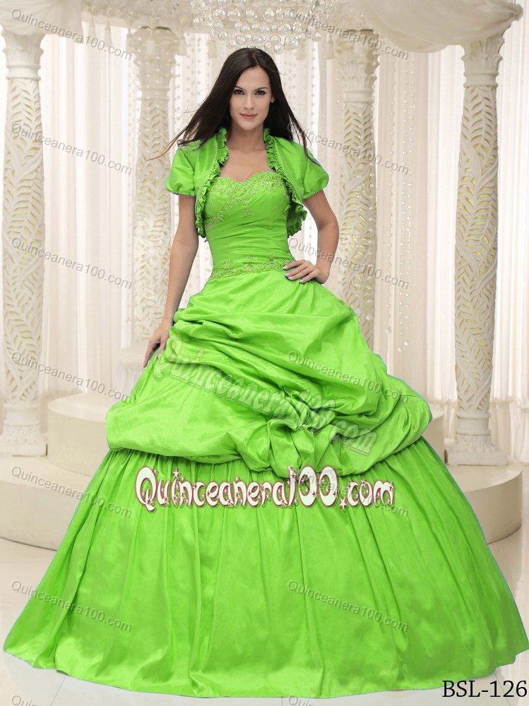 Cheap Sweetheart Spring Green Sweet Sixteen Dress with Appliques