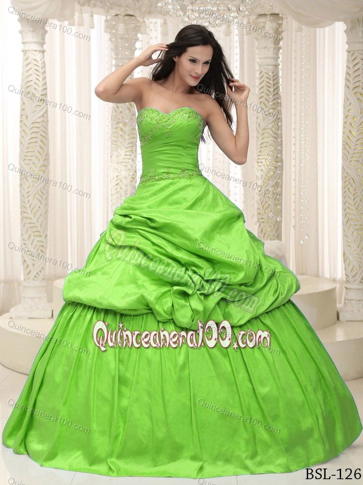 Cheap Sweetheart Spring Green Sweet Sixteen Dress with Appliques