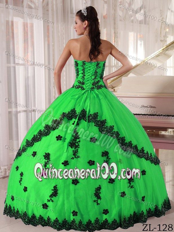 Black and Spring Green Strapless Appliques Quinceanera Gowns