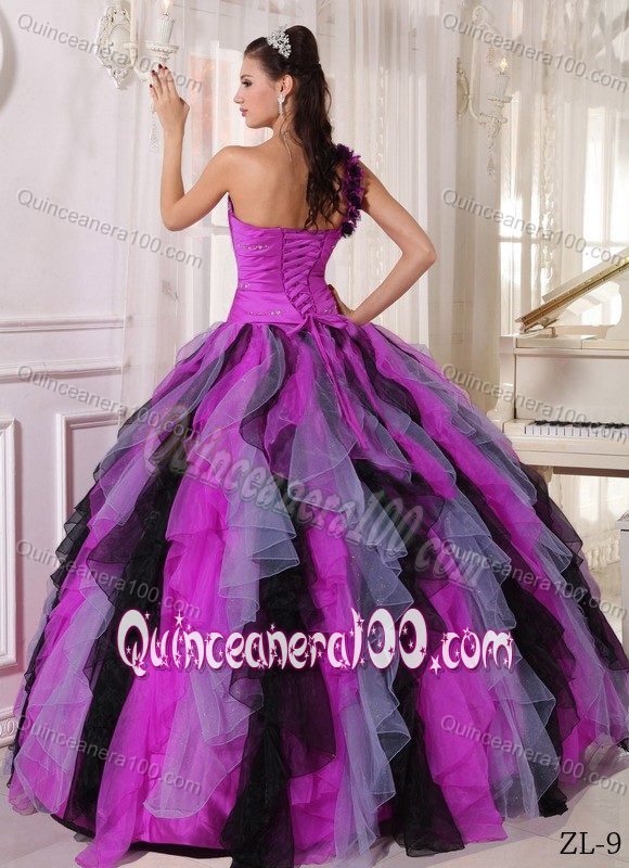 Multi-colored One Shoulder Ruffles Beading Sweet 15 Dresses