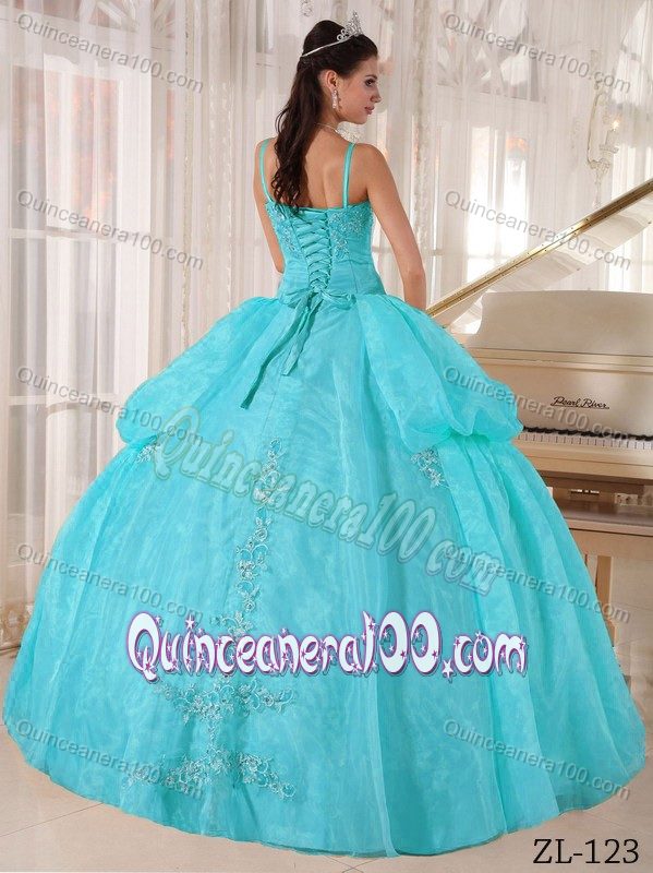 Aqua Blue Spaghetti Straps Appliques Pick-ups Quinceanera Gowns