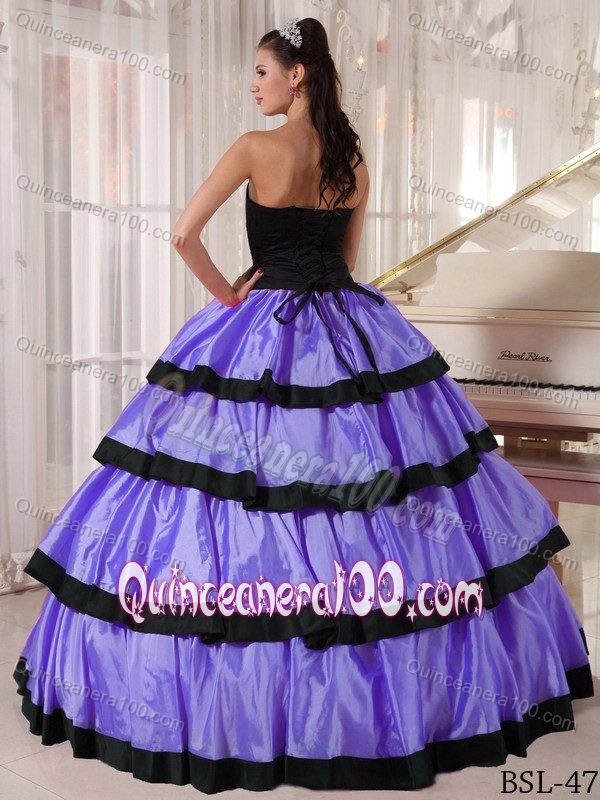 Lavender and Black Tiered Strapless Taffeta Quinceanera Dresses