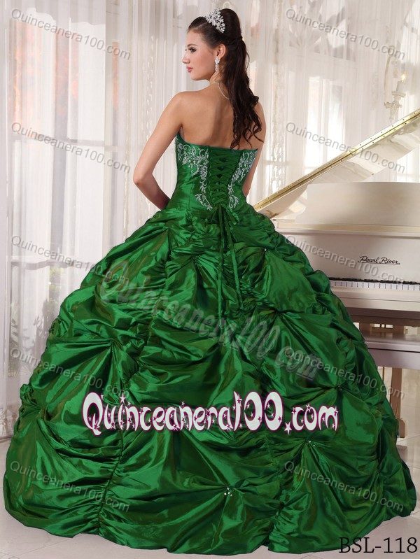 Green Strapless Taffeta Embroidery Pick-ups Dress for Quince