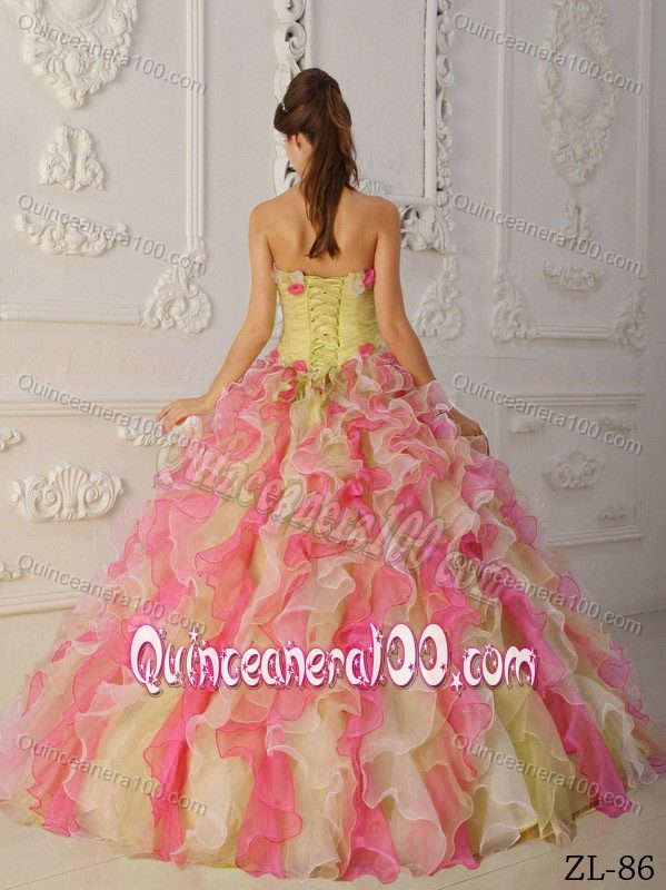 Colorful Strapless Hand Made Flowers Ruffled Quinceanera Gowns