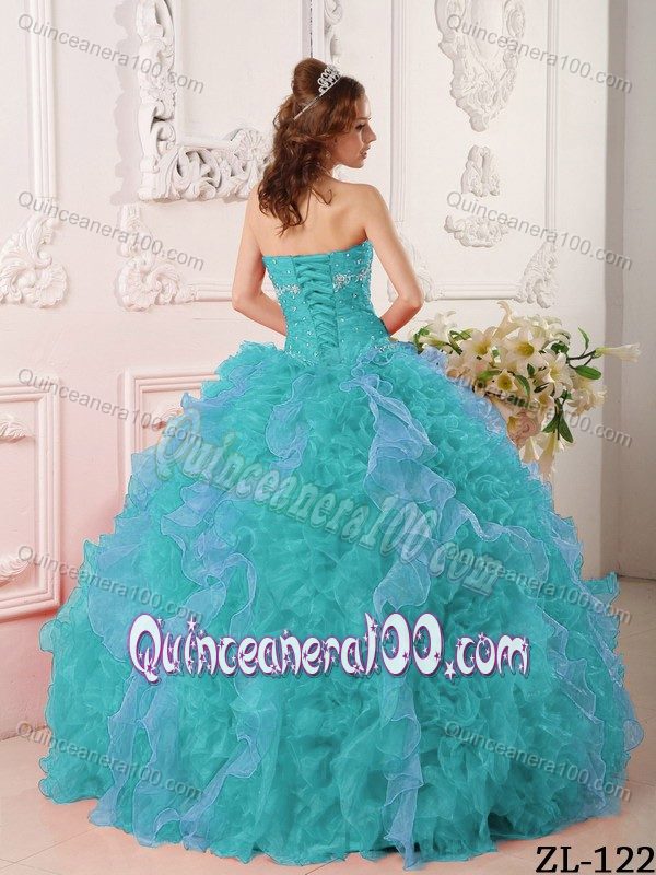 Turquoise Strapless Beading Appliques Ruffled Quinceanera Dresses