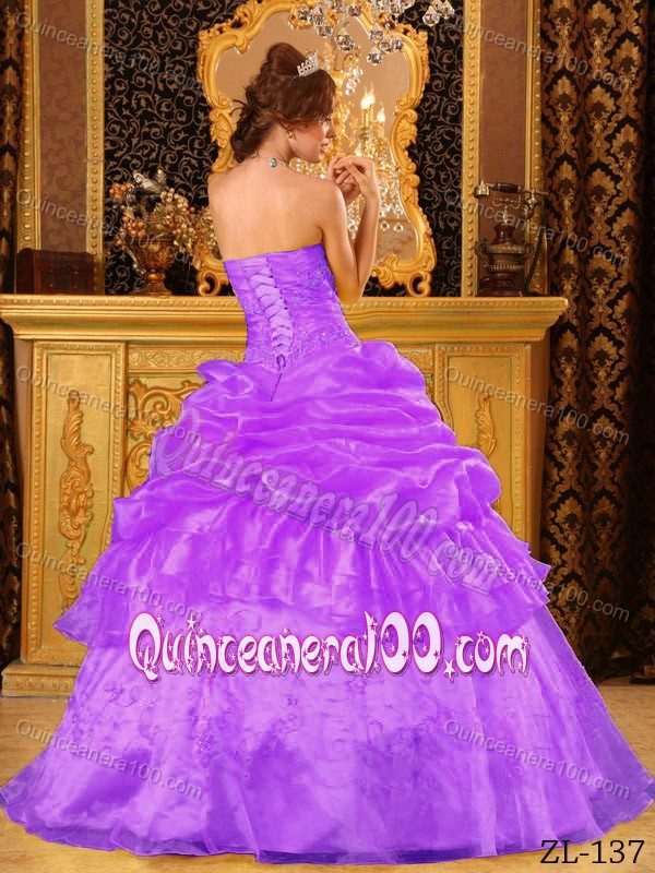 Light Purple Strapless Organza Embroidery Pick-ups Quinces Dresses