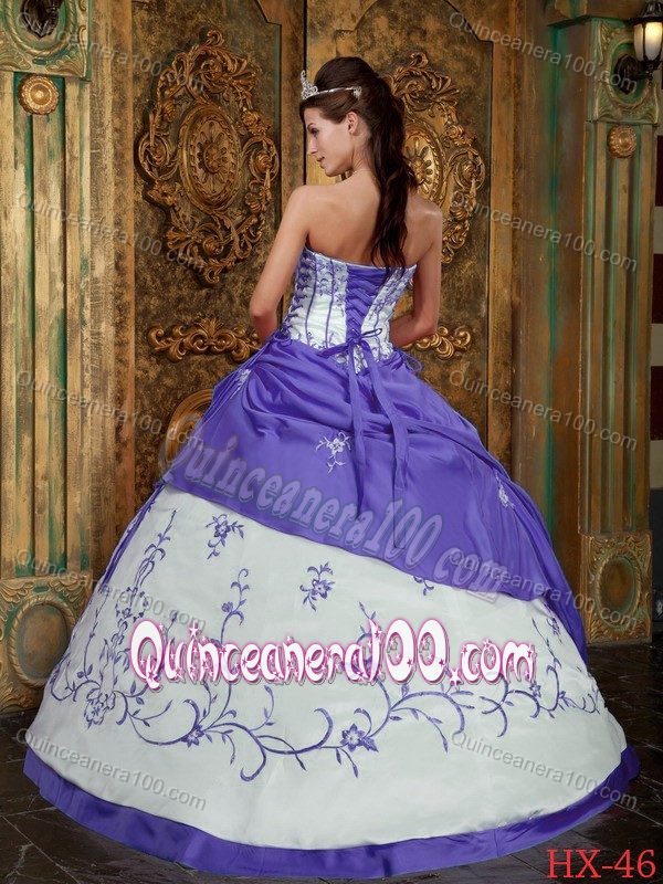 Purple and Cream Strapless Embroidery Pick-ups Quinceanera Dresses