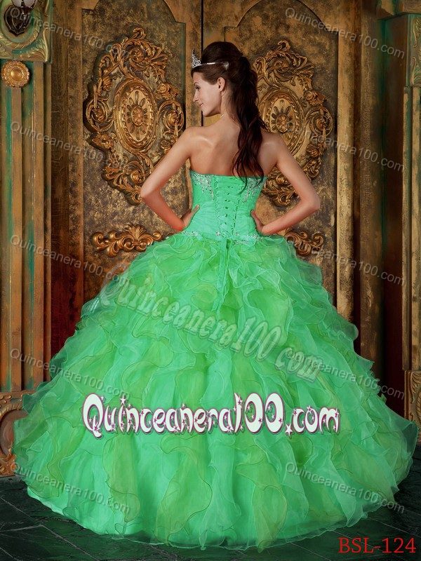 Apple Green Strapless Ruffles and Appliques Quinceanera Gowns