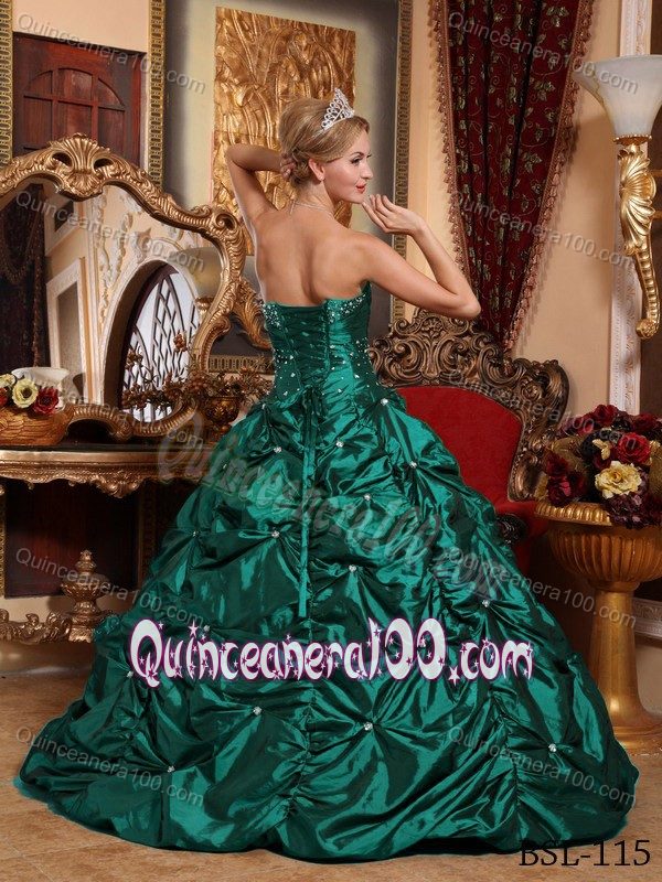 Green Strapless Beaded Taffeta Pick-ups Accent Sweet Sixteen Dresses