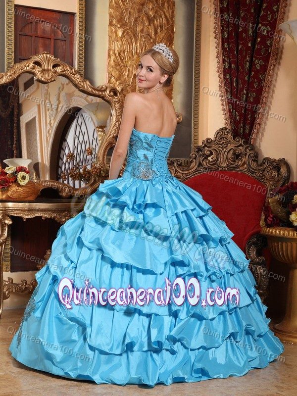 Elegant Aqua Blue Strapless Taffeta Appliques Quinceanera Dresses