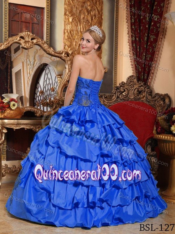 Blue Strapless Beading Appliques Dress for Quince with Ruffles Plus