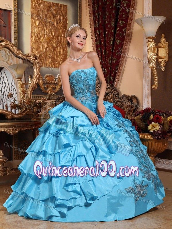 Elegant Aqua Blue Strapless Taffeta Appliques Quinceanera Dresses