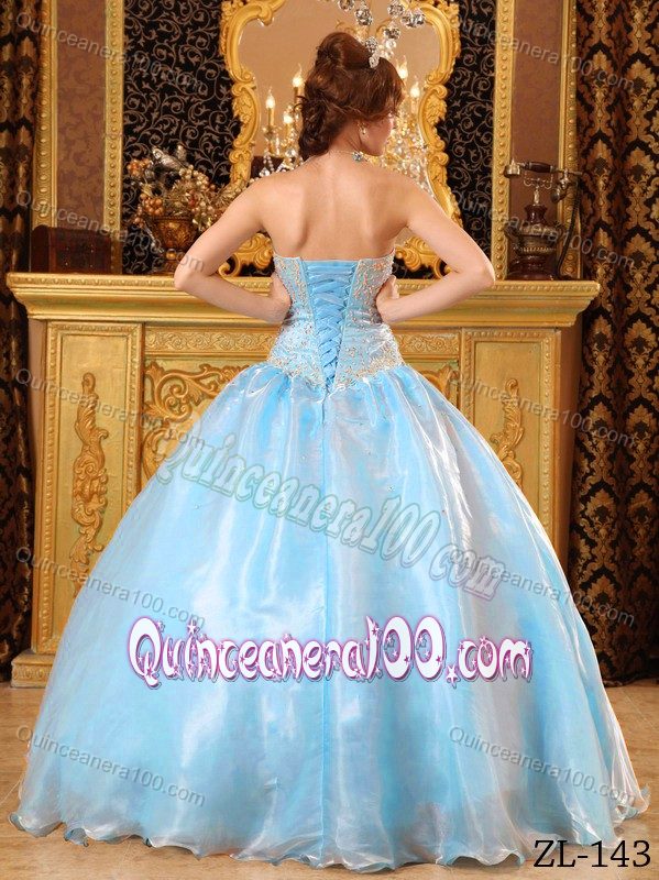 Light Blue Strapless Beading Ball Gown Organza Dress for Quince