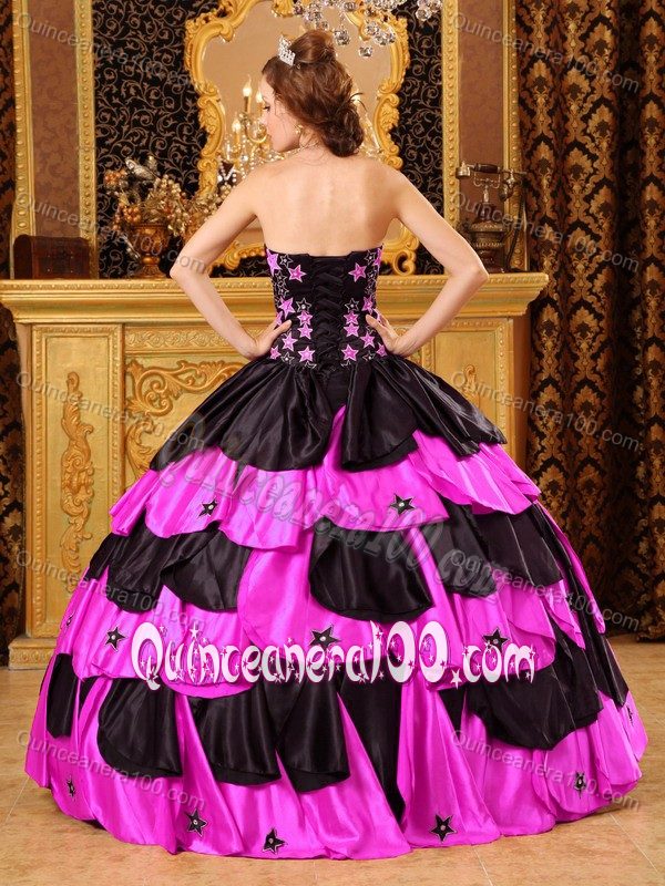 Black and Hot Pink Strapless Tiered Quinceanera Dress with Patterns