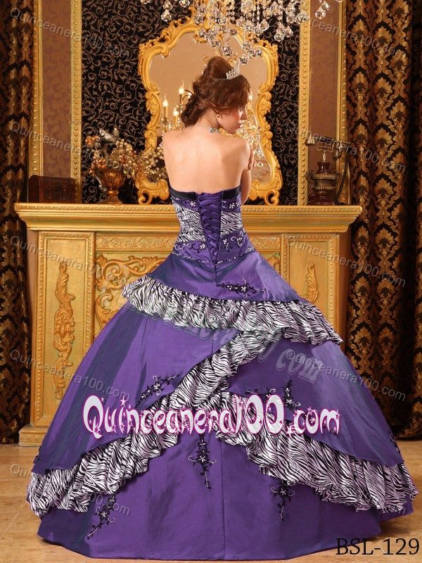 Unique Purple Strapless Appliques Quinces Dress with Zebra Pattern