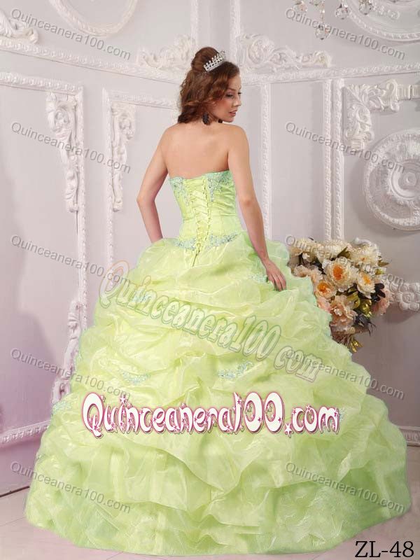 Yellow Green Strapless Appliques and Pick-ups Quinceanera Gowns