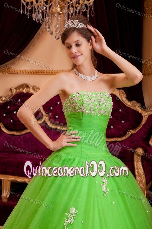 Spring Green A-line Strapless Quinceanera Dresses with Appliques