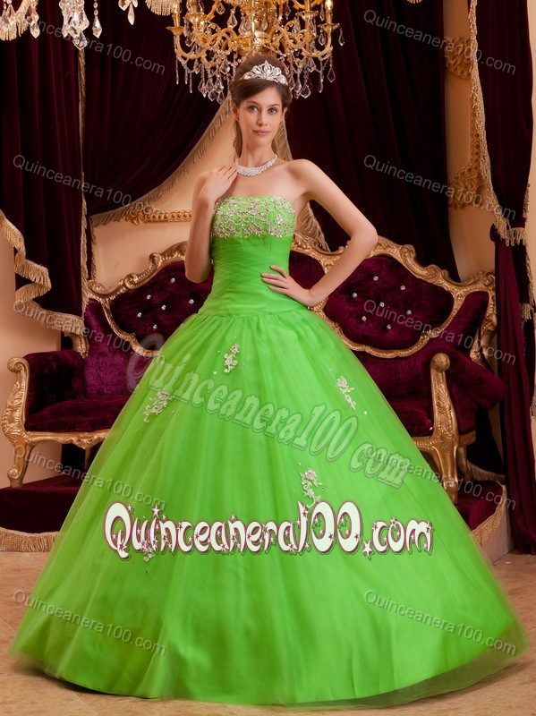 Spring Green A-line Strapless Quinceanera Dresses with Appliques