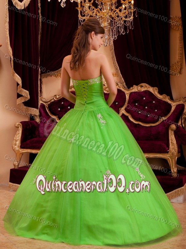 Spring Green A-line Strapless Quinceanera Dresses with Appliques