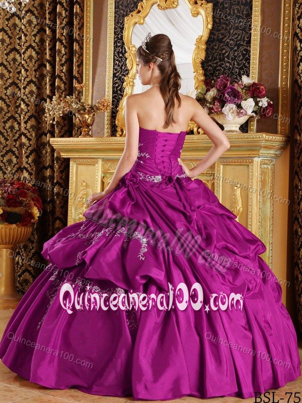 Fuchsia Strapless Appliques Pick-ups and Pleats Dress for Quince