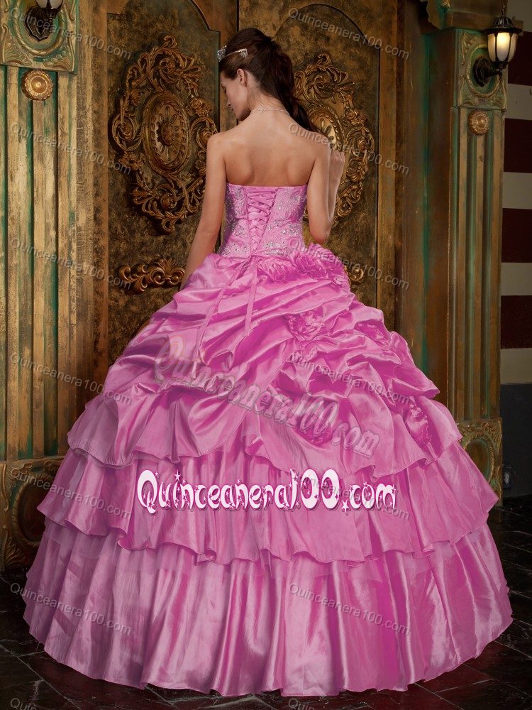 Pink Multi-tiered Pick-ups and Pleats Beading Quinceanera Dresses