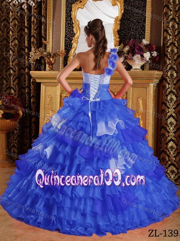 Royal Blue One Floral Shoulder Beading Ruffled Quinceanera Dresses