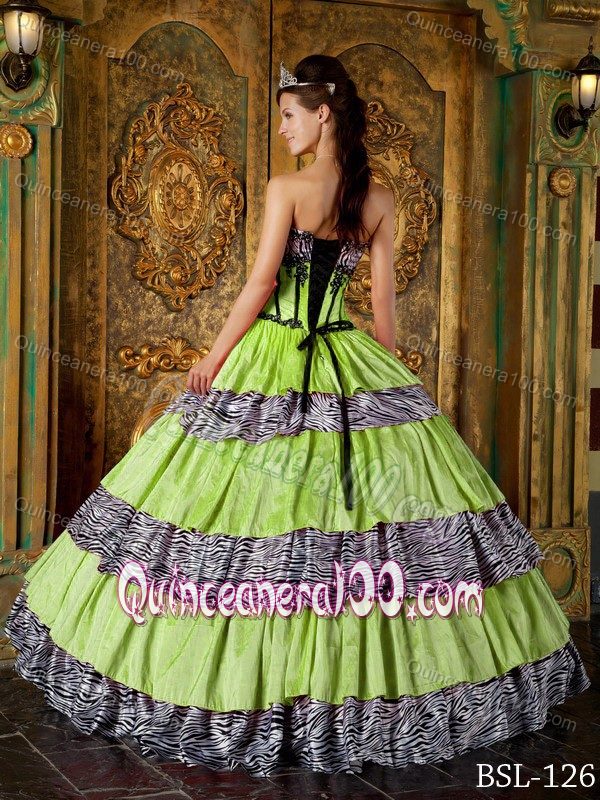 Green and Zebra Layered Taffeta Sweet Sixteen Dresses