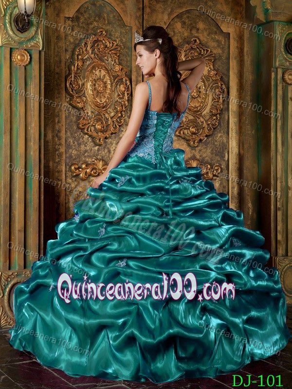 Turquoise Spaghetti Straps Taffeta Pick-ups Dress for Quince