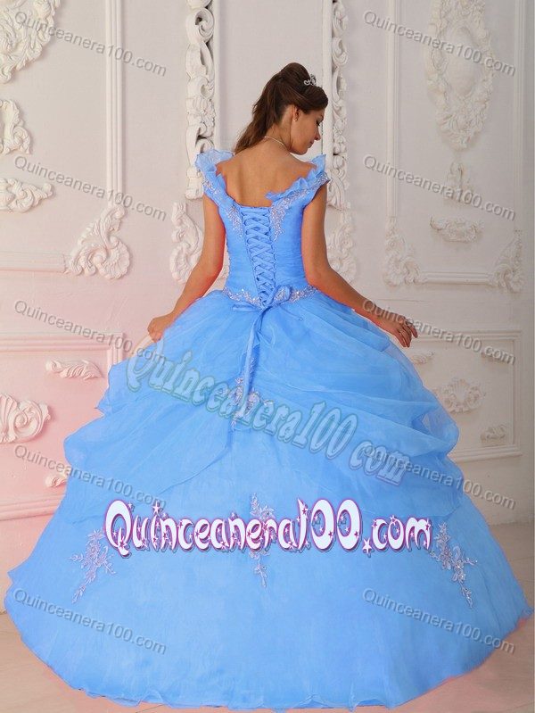 Blue v Neck Organza Appliques Quinceanera Gown Dresses