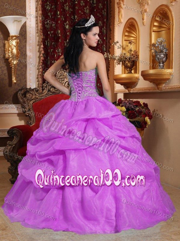 Lavender Beaded Organza Quinceanera Dresses with Pick-ups