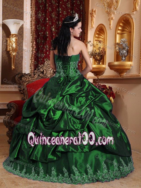 Dark Green Pick- ups Taffeta Appliques Dress for Quince