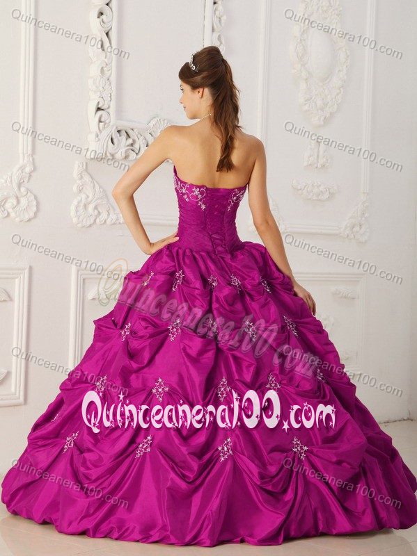 Fuchsia Taffeta Appliques Dress for Quince with Appliques