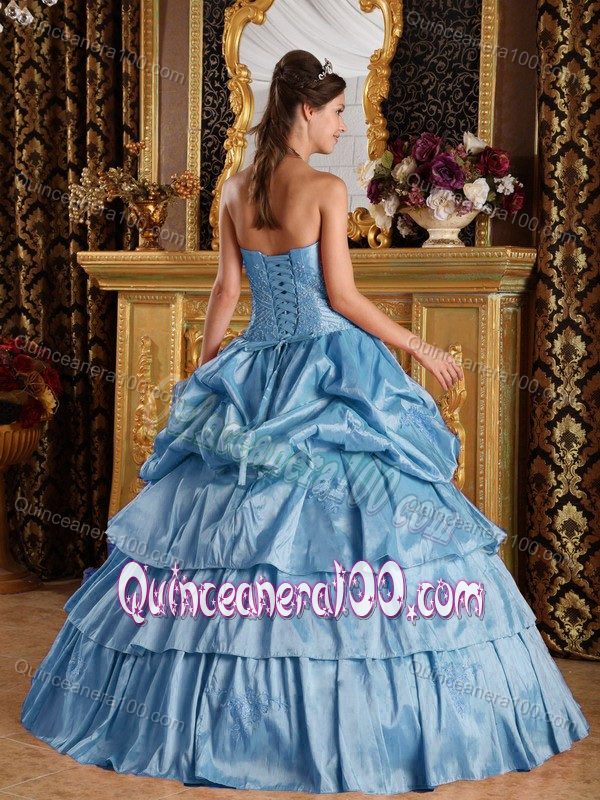 Blue Layered Taffeta Embroidery Sweet Sixteen Dresses