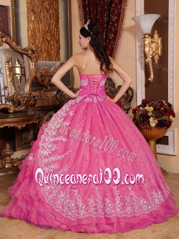 Hot Pink Ruffled Oraganza Appliques Quinceanera Dresses