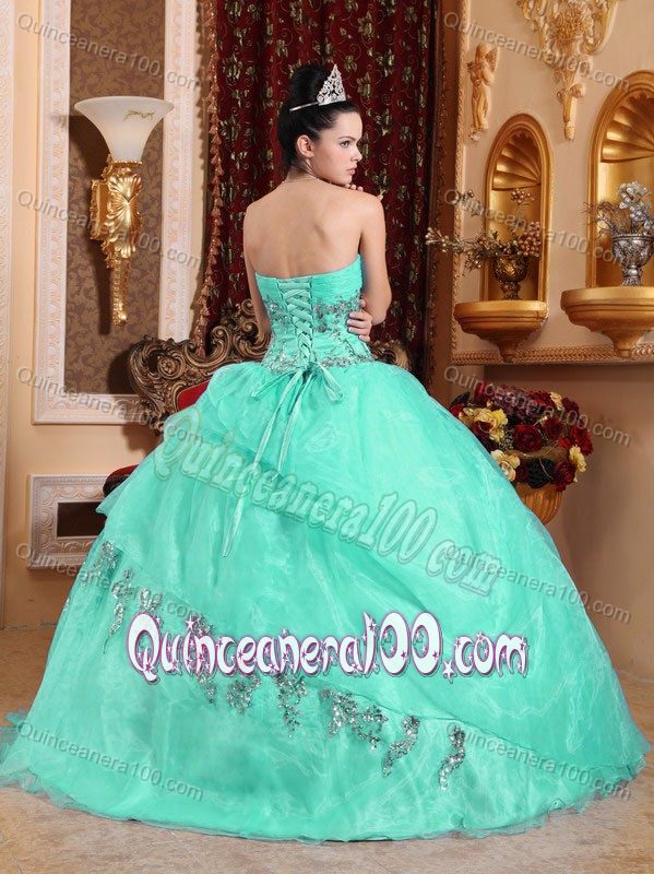 Green Sweetheart Organza Appliques Dress for Quinceaneras