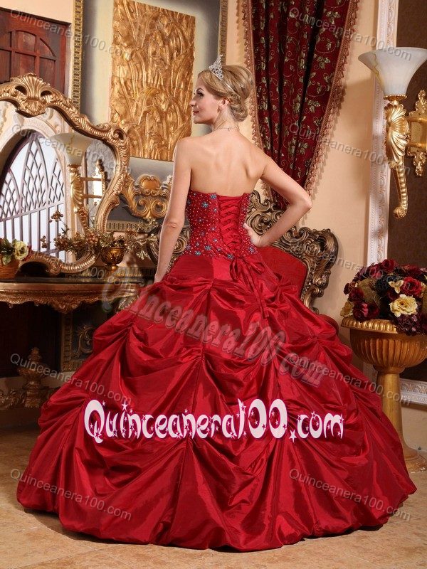 Wine Red Taffeta Beaded Dresses for Quince with Pick-ups