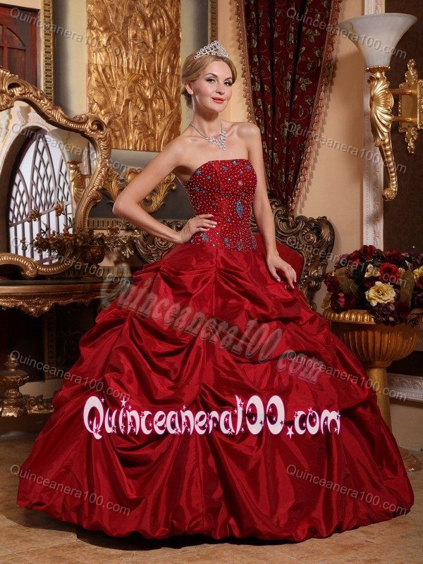 Wine Red Taffeta Beaded Dresses for Quince with Pick-ups