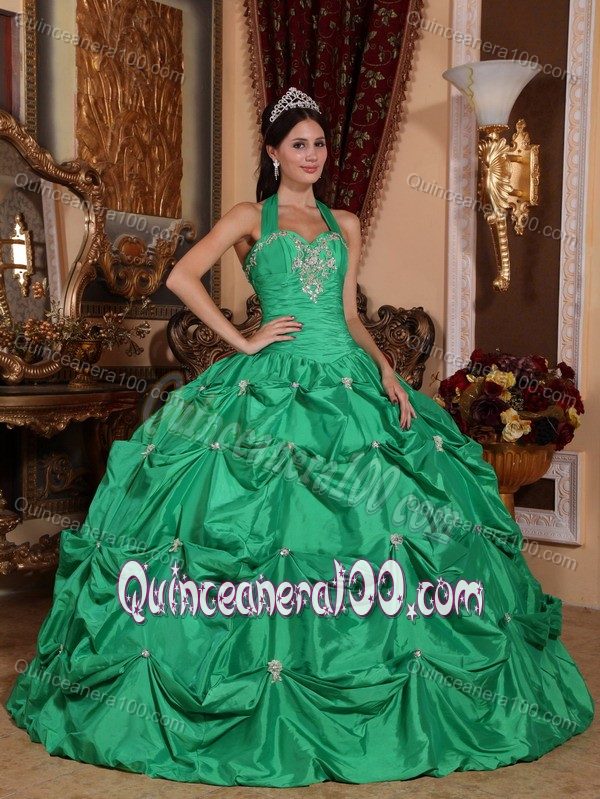 Halter Taffeta Appliques Quinceanera Dresses with Pick-ups