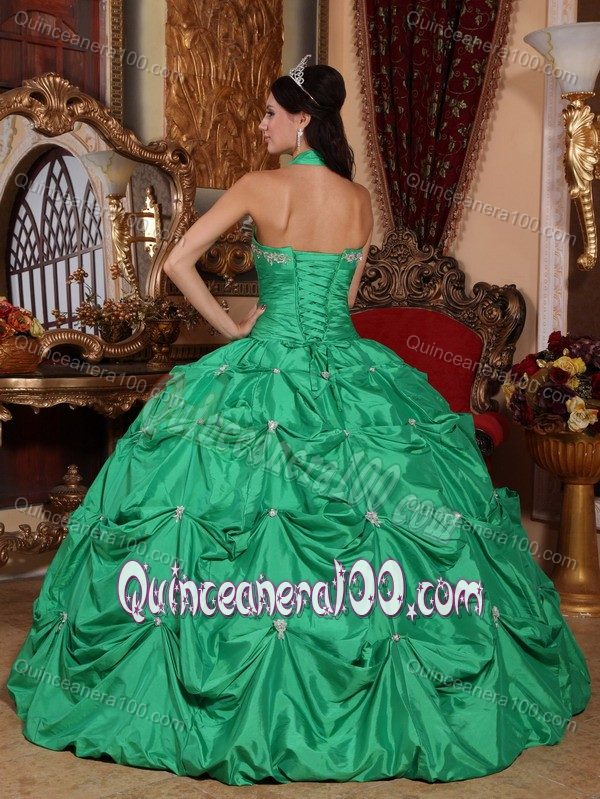 Halter Taffeta Appliques Quinceanera Dresses with Pick-ups