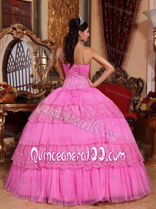 Pink Organza and Lace Appliques Dress for Quinceaneras