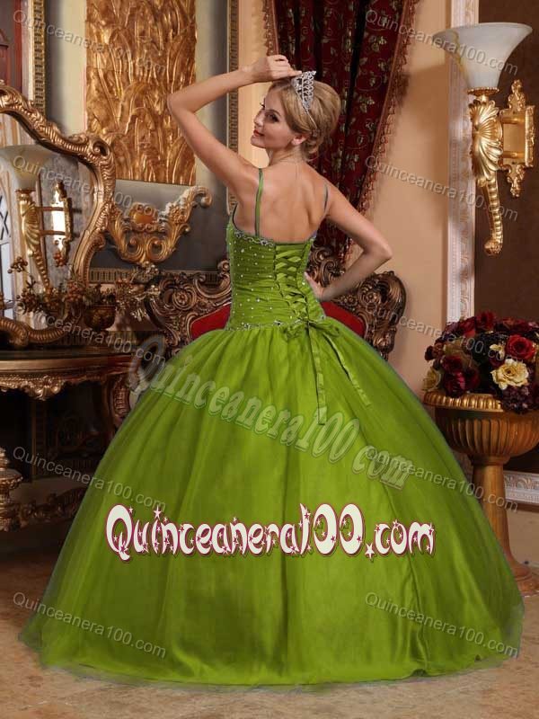 Olive Green Spaghetti Straps Tulle Quinceanera Gown Dresses