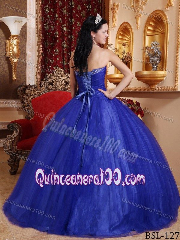 Blue Tulle Beaded Quinceanera Gown Dresses with Bowknot