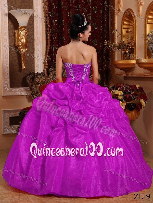 Fuchsia Organza Appliques Floor-length Quinceanera Dresses