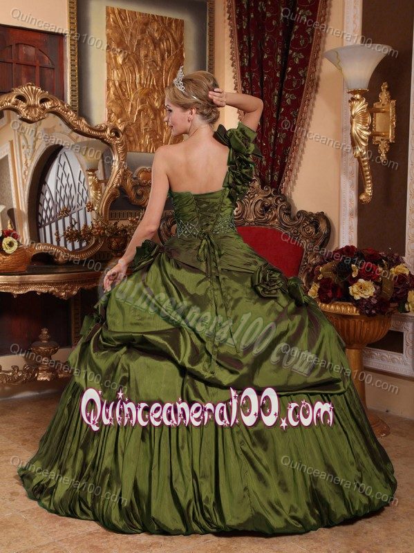 Olive Green One Shoulder Taffeta Quince Dresses with Flowers