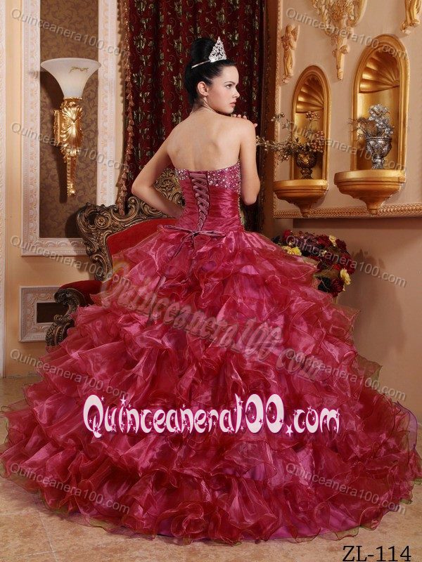 Red Organza Beaded Quinceanera Dresses with Layered Ruffles