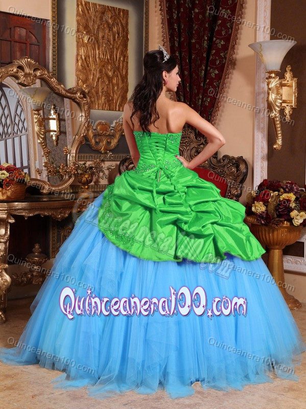 Green and Blue Taffeta Sweet Sixteen Dresses with Ruches