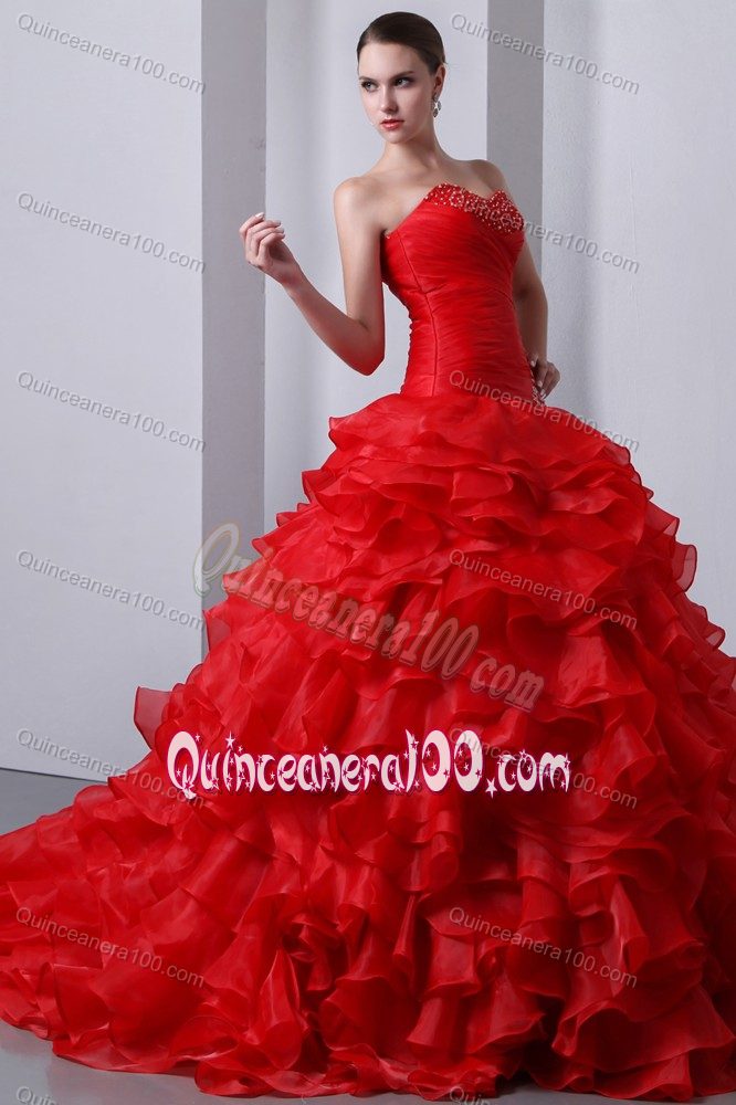 Red Organza Beaded Sweet Sixteen Dresses with Ruffles and Train