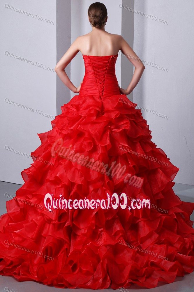 Red Organza Beaded Sweet Sixteen Dresses with Ruffles and Train