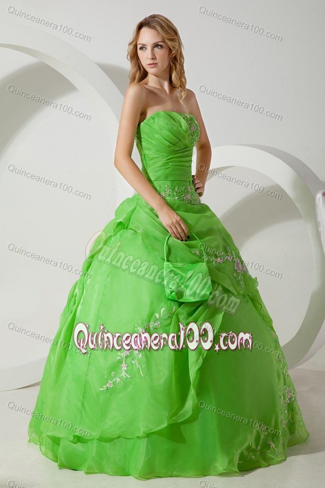 Charming Green Organza Quinceanera Gown Dresses with Embroidery