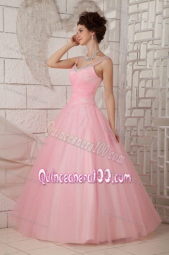 Pink Straps Tulle Beaded Floor-length Sweet Sixteen Dresses